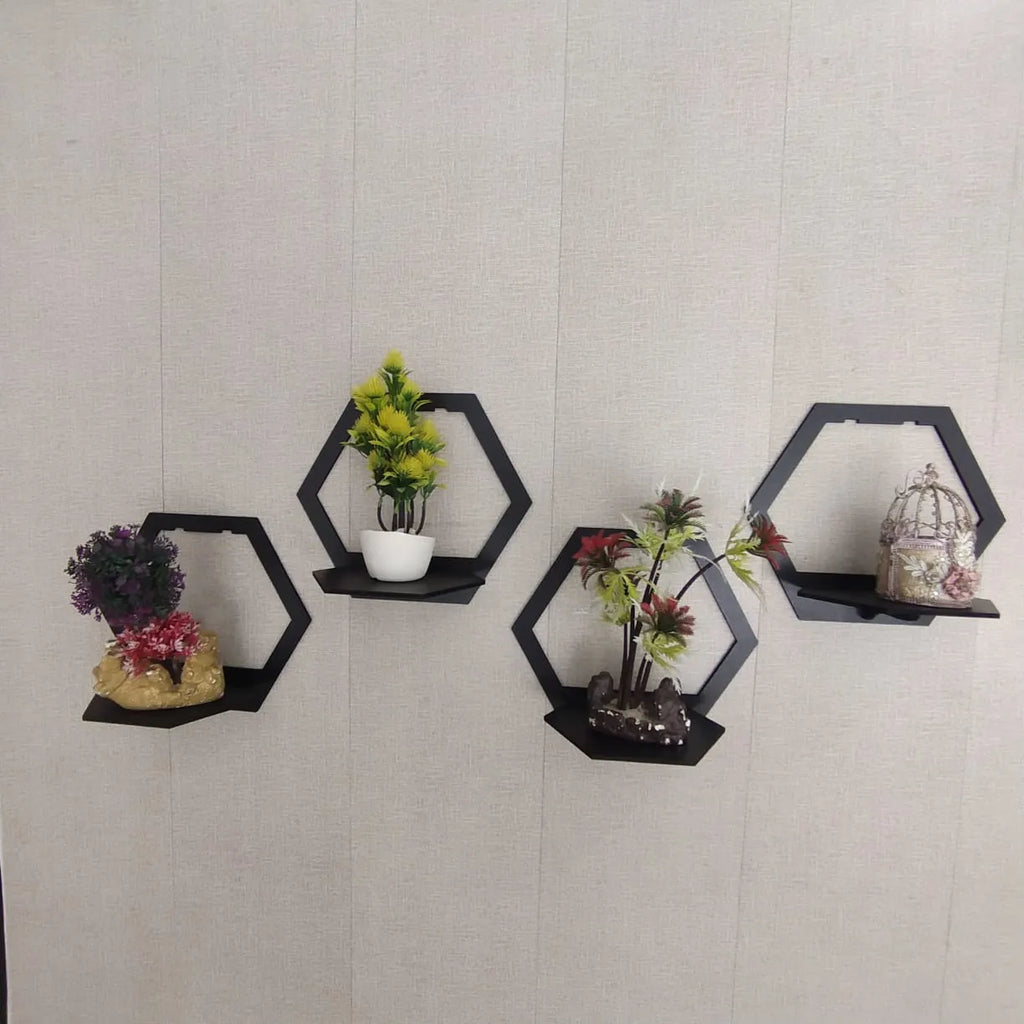 (3 pcs set ) Hexagon Shape 3D Wooden Wall Shelf