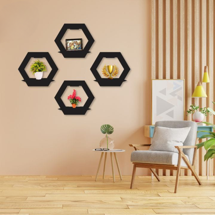 (3 pcs set ) Hexagon Shape 3D Wooden Wall Shelf