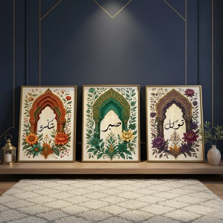 Tawakkul | Sabar | Shukar Wooden Sticky Wall Art – 3 Piece Islamic Motivational Frame Set, 8x11 inch