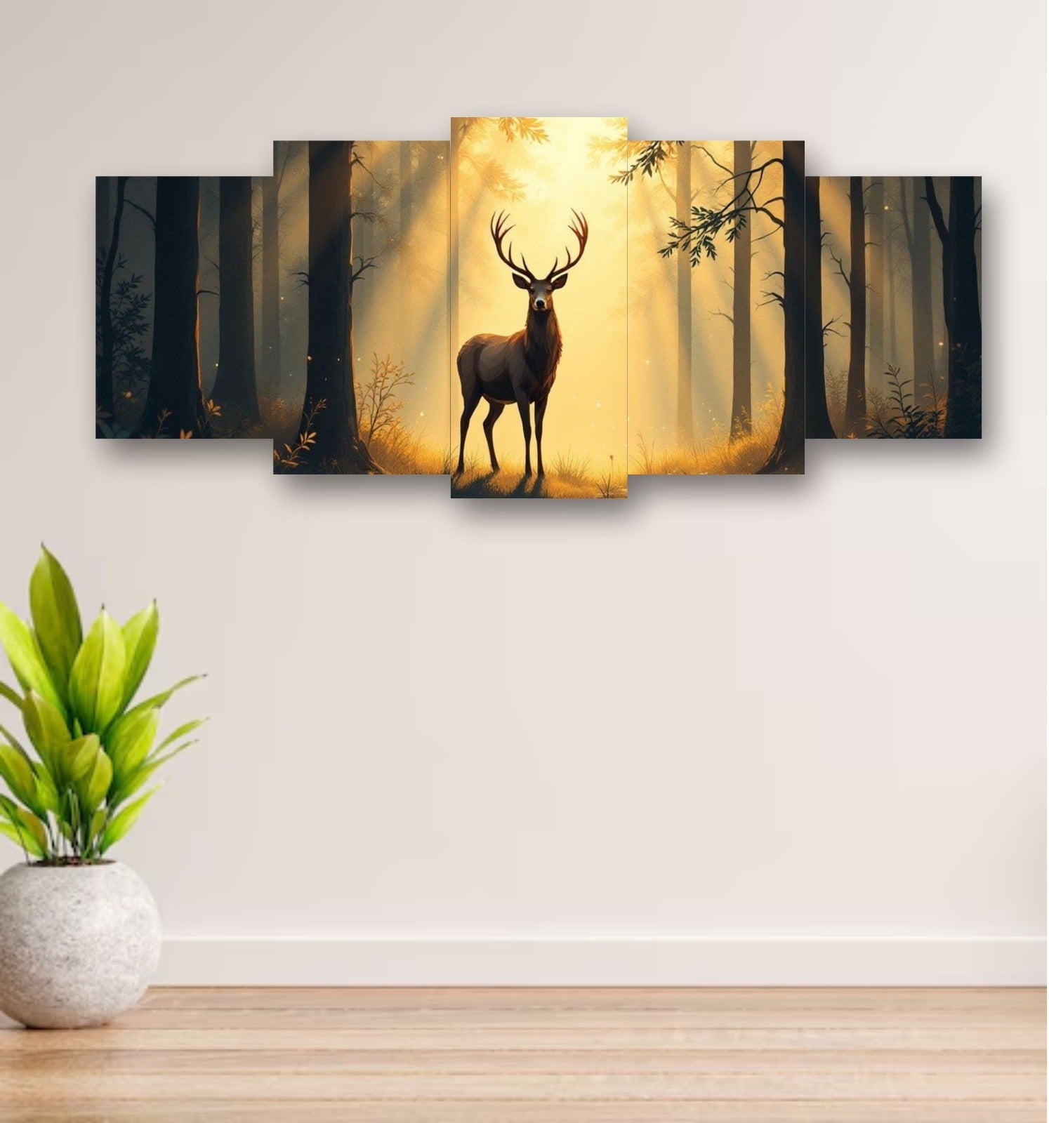 5-Piece Wooden Wall Frame – Deer in Forest Sunset Design | 16x40 Inch