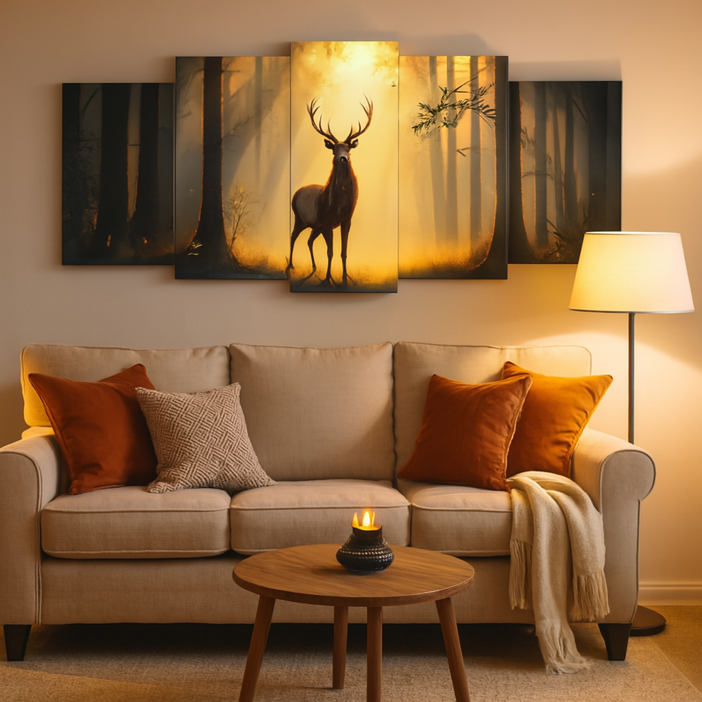 5-Piece Wooden Wall Frame – Deer in Forest Sunset Design | 16x40 Inch