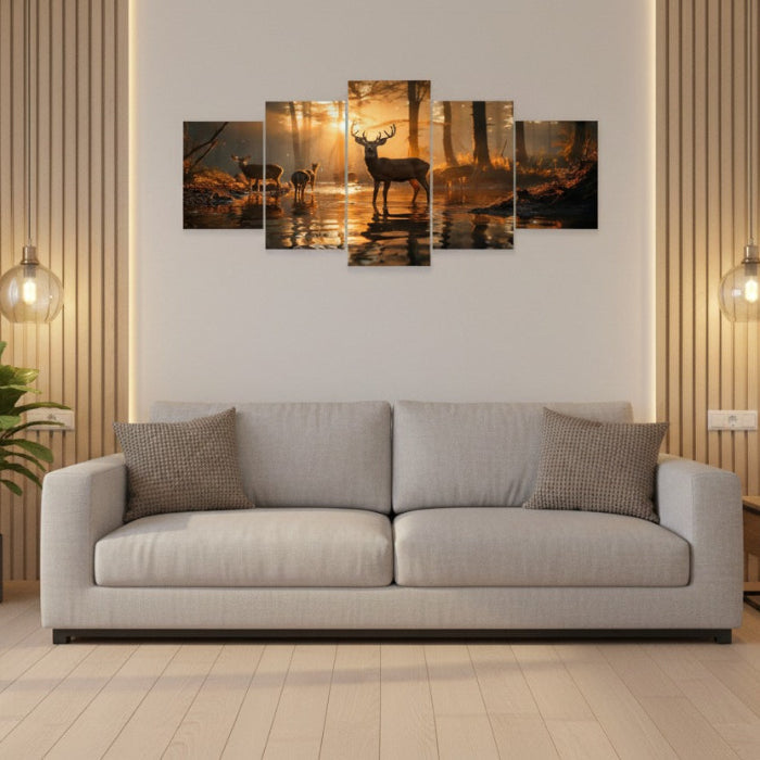 5-Piece Wooden Wall Frame – Deer in Forest Sunset Design | 16x40 Inch