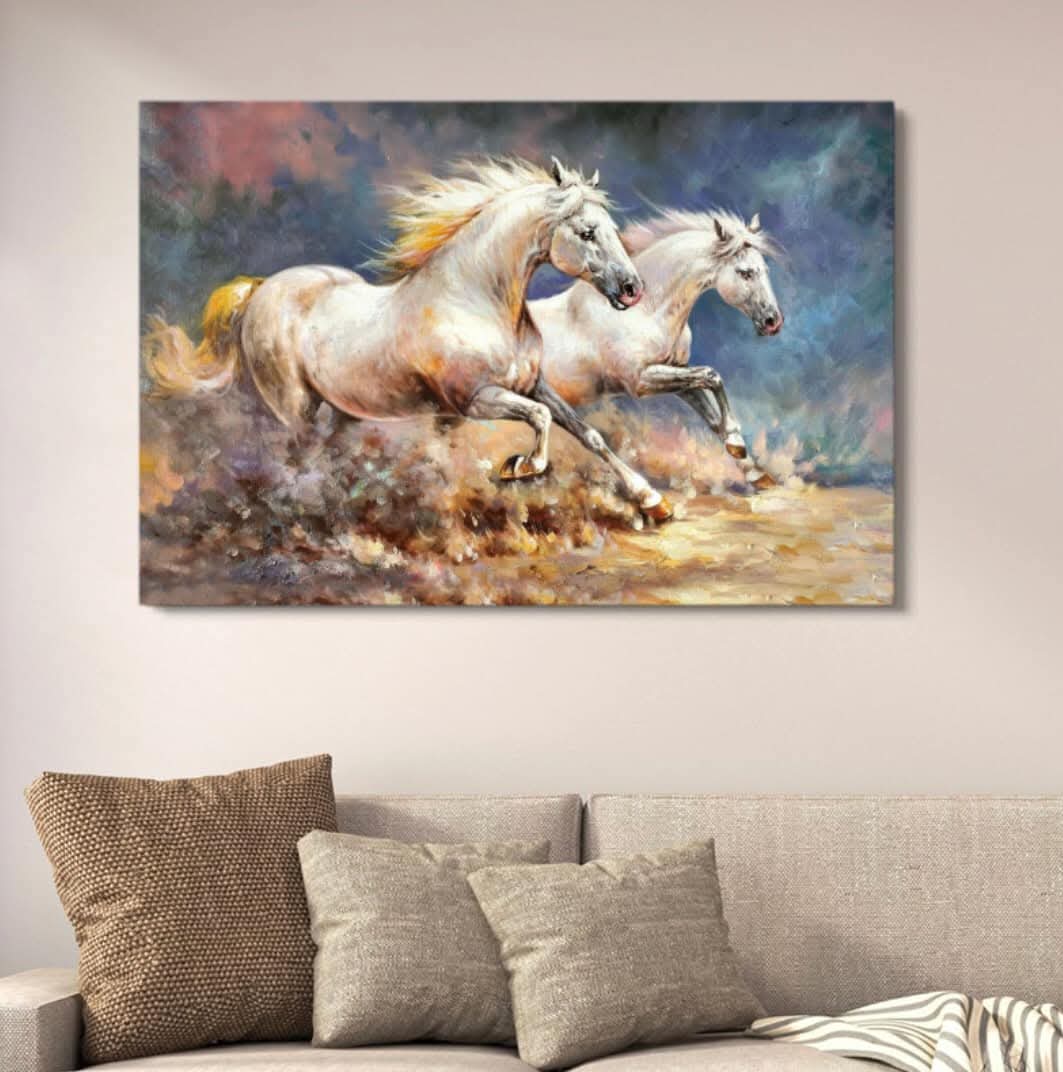 Two Galloping White Horses On The Plains Canvas Wall Art