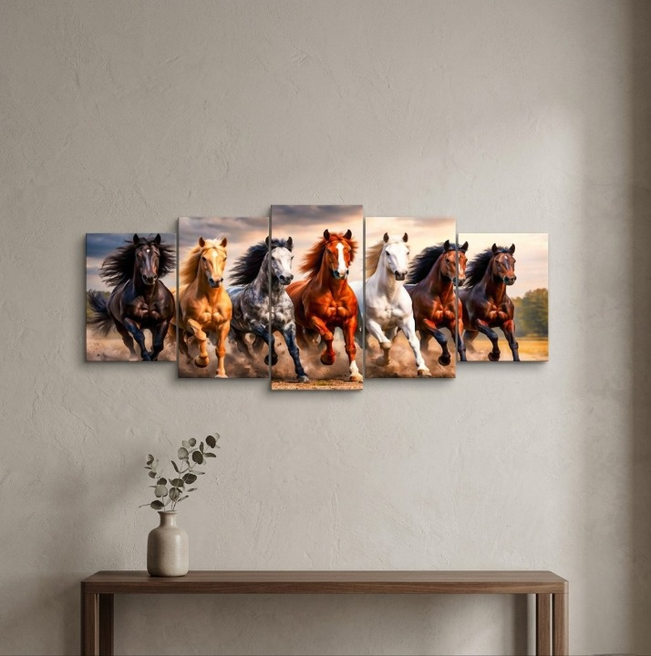 Seven Galloping Horses Panoramic Wooden Wall Art Frame Set